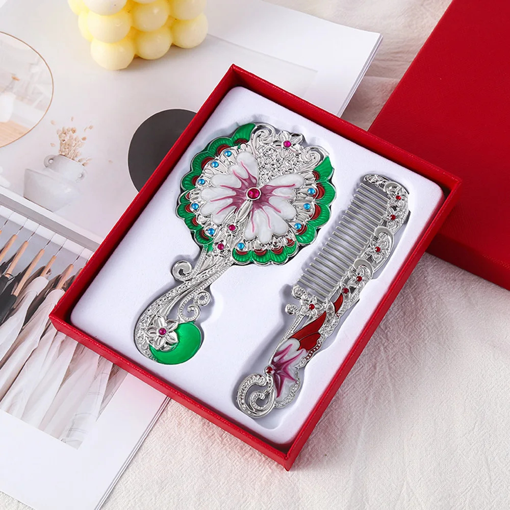 2Pcs/Set Peacock Design Vanity Mirror and Comb Set Round Shape Embossed Metal Handheld (rhinetone Color Random)