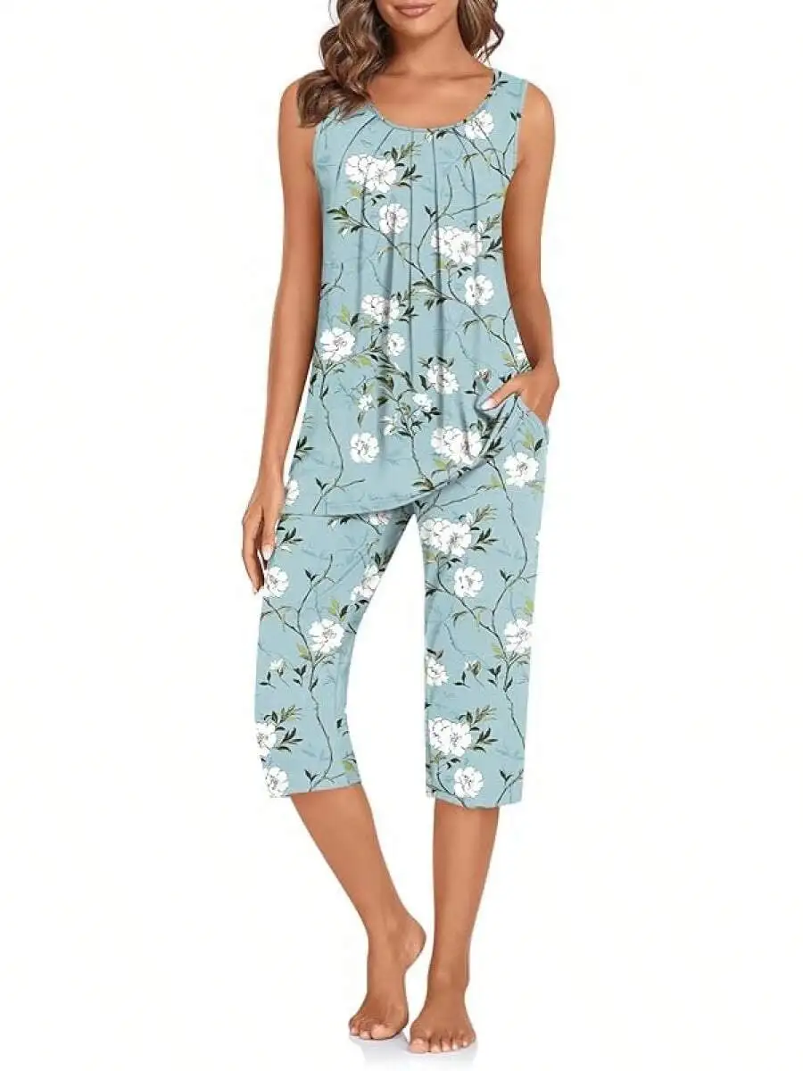Womens Floral Print Sleeveless Pajama Set With Pockets Capri Lounge Pants