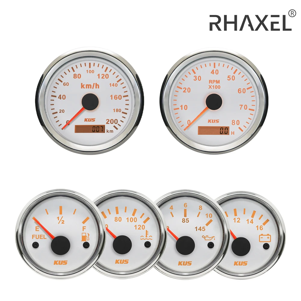 KUS 6 Gauge Set Car Speedometer GPS 200km/h Tachometer Fuel Level 0-190ohm 240-33ohm Water Temp Oil Press 10Bar Voltmeter 12V