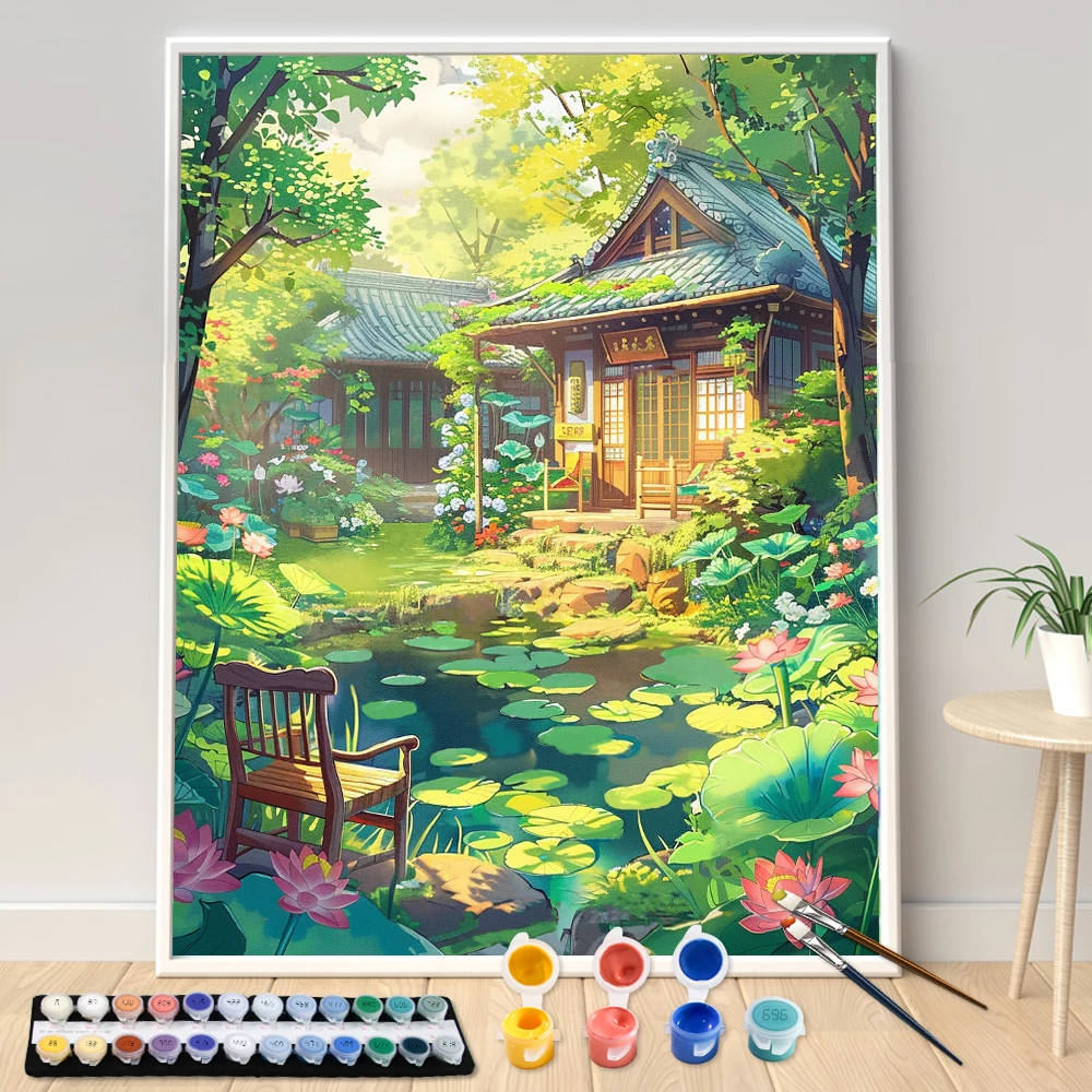 Hand Painting Building House By The Lotus Pond Landscape Painting By Numbers Kit DIY Artwork Canva Art Home Decoration Gift