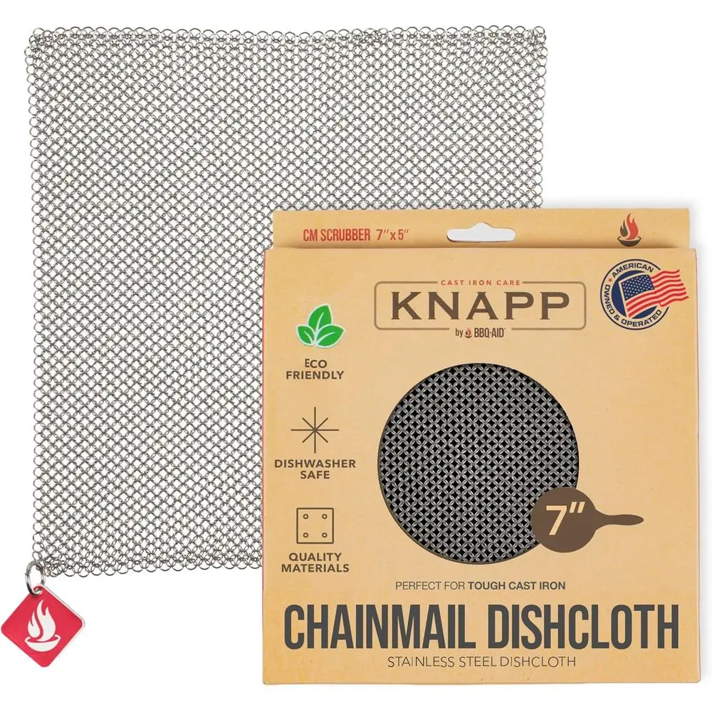 

Knapp Made Chainmail Dishcloth 7”x5” - Replace Your Dirty Sponge - All Purpose Kitchenware, Pots & Pans Cleaner - Lasts a Lifeti
