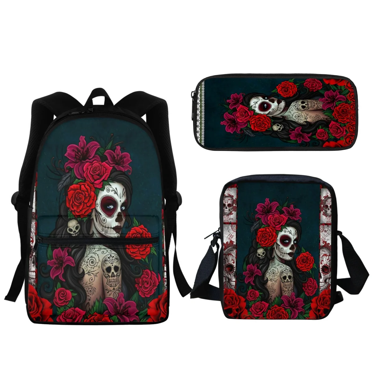 2024 3pc/set Gothic Skull Girl Design Backpack Shoulder Bag Pencil Case Boys Horror Skeleton Schoolbag Middle School Students