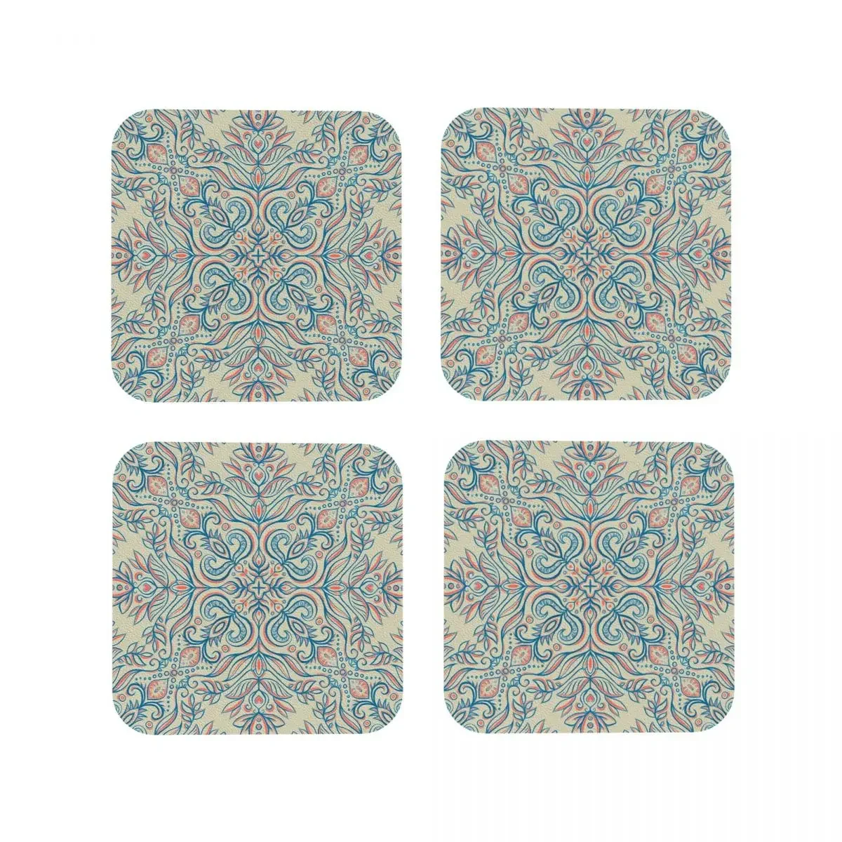 Coral Red, Blue And Ecru Textured Folk Art Doodle Coasters Coffee Mats Placemats Mug Tableware Decoration & Accessories Pads