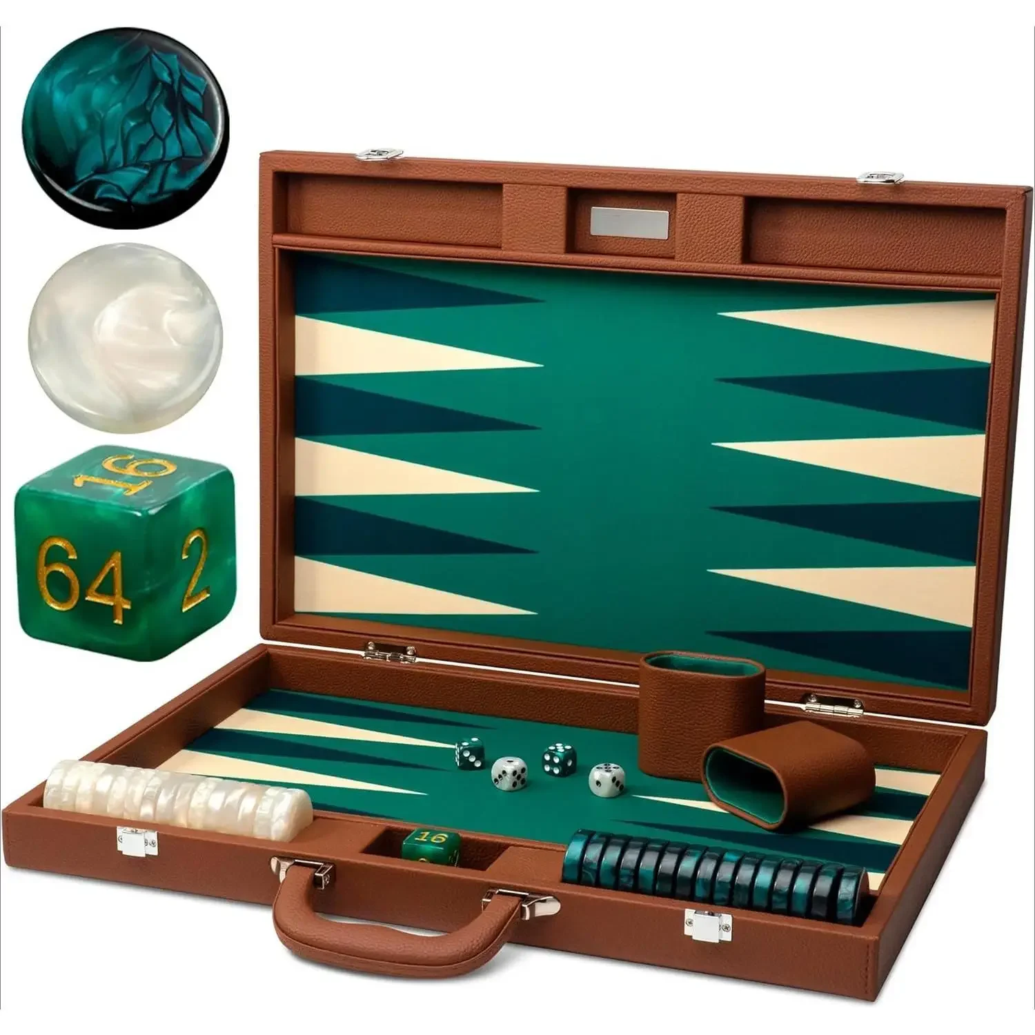 

19 Inch Premium Backgammon Sets for Adults Leather Brown - Green. Premium 1.6 Inch Checkers & Dice Set, Travel Backgammon Set,