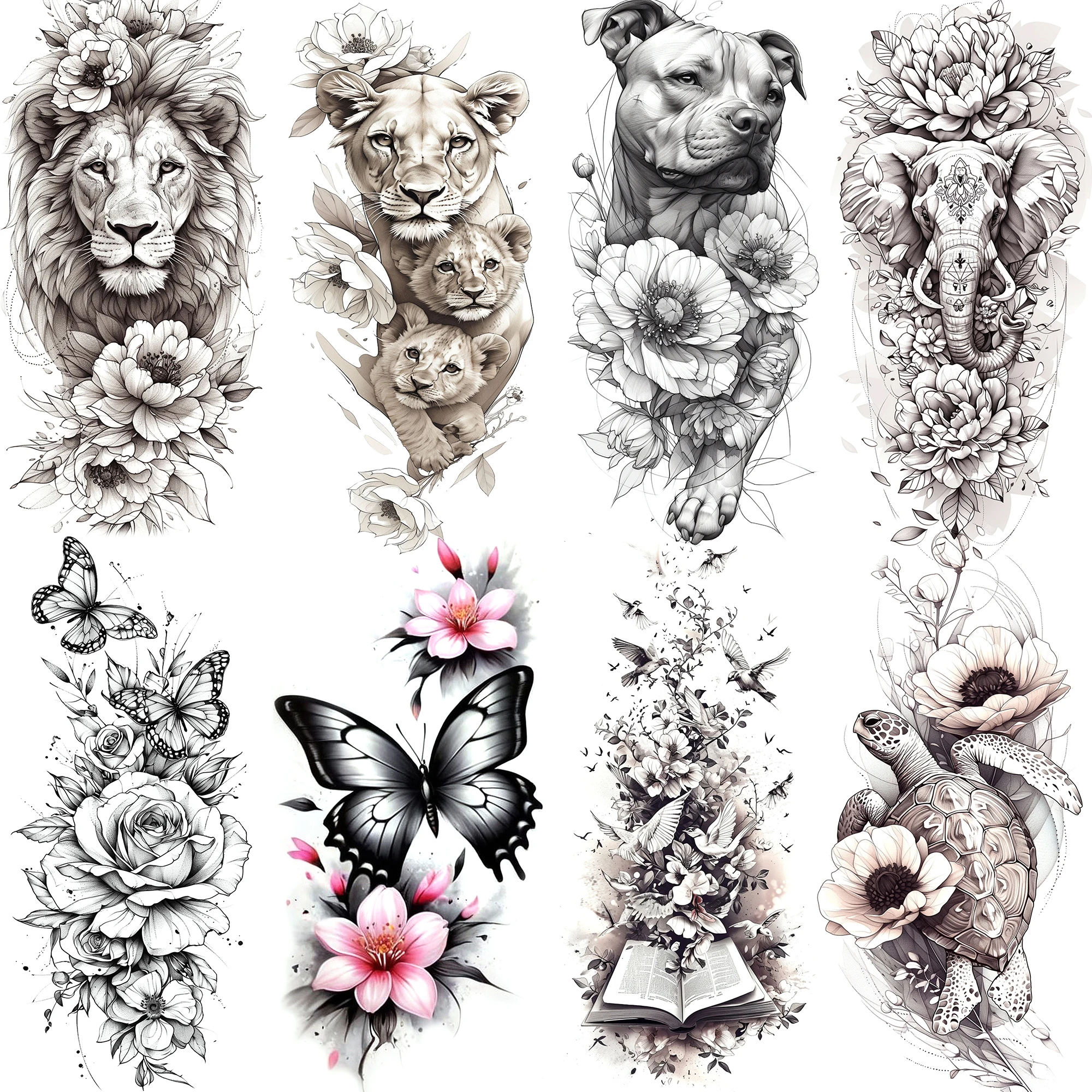 

1 лист, сексуальный цветок, бабочка, лев, слон, леопард, собака, черепаха, временные татуировки для женщин и взрослых, поддельные татуировки, наклейка