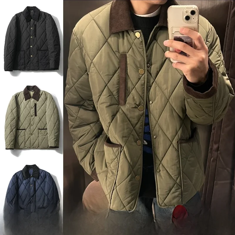 

Men's Casual Quilted Corduroy Patchwork Light Warm Cotton Jacket Autumn Winter Fashion City Style Long Sleeve Button Closure