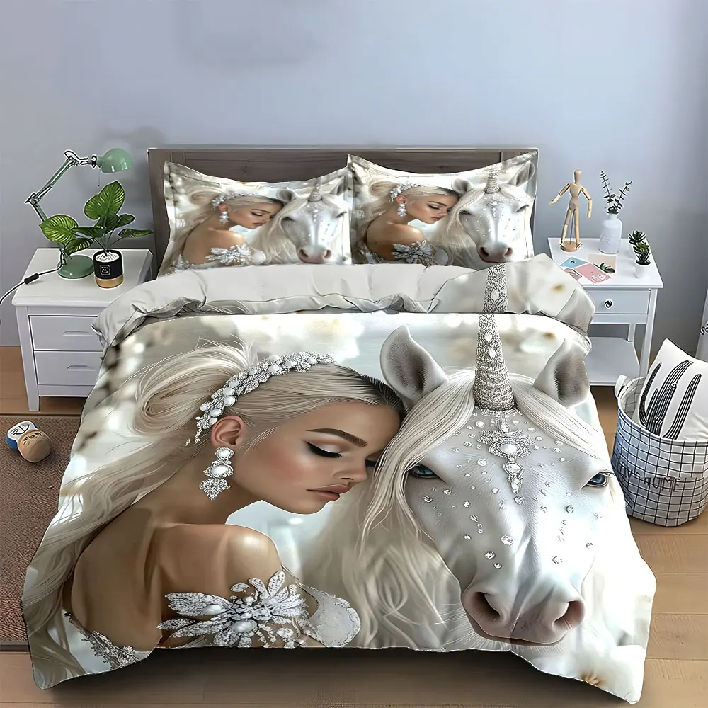 3D Crystal Unicorn Bedding Set 3 Pieces, Princess Girl with Sparkling Unicorn Print Duvet Cover for Girls