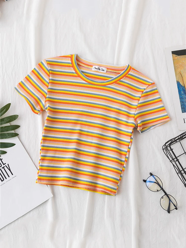 New T Shirt Women Rainbow Striped Tops Slim Fit t shirt Harajuku Tshirt Summer Short Sleeve Korean T-shirt feminina Clothes Tops