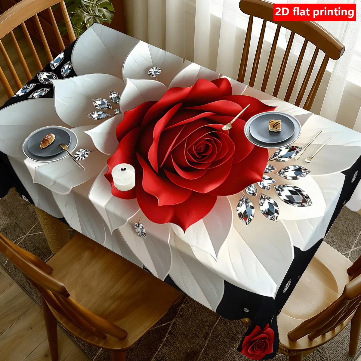 2D flat printing, 1pc red rose black-and-white tablecloth, durable polyester tablecloth