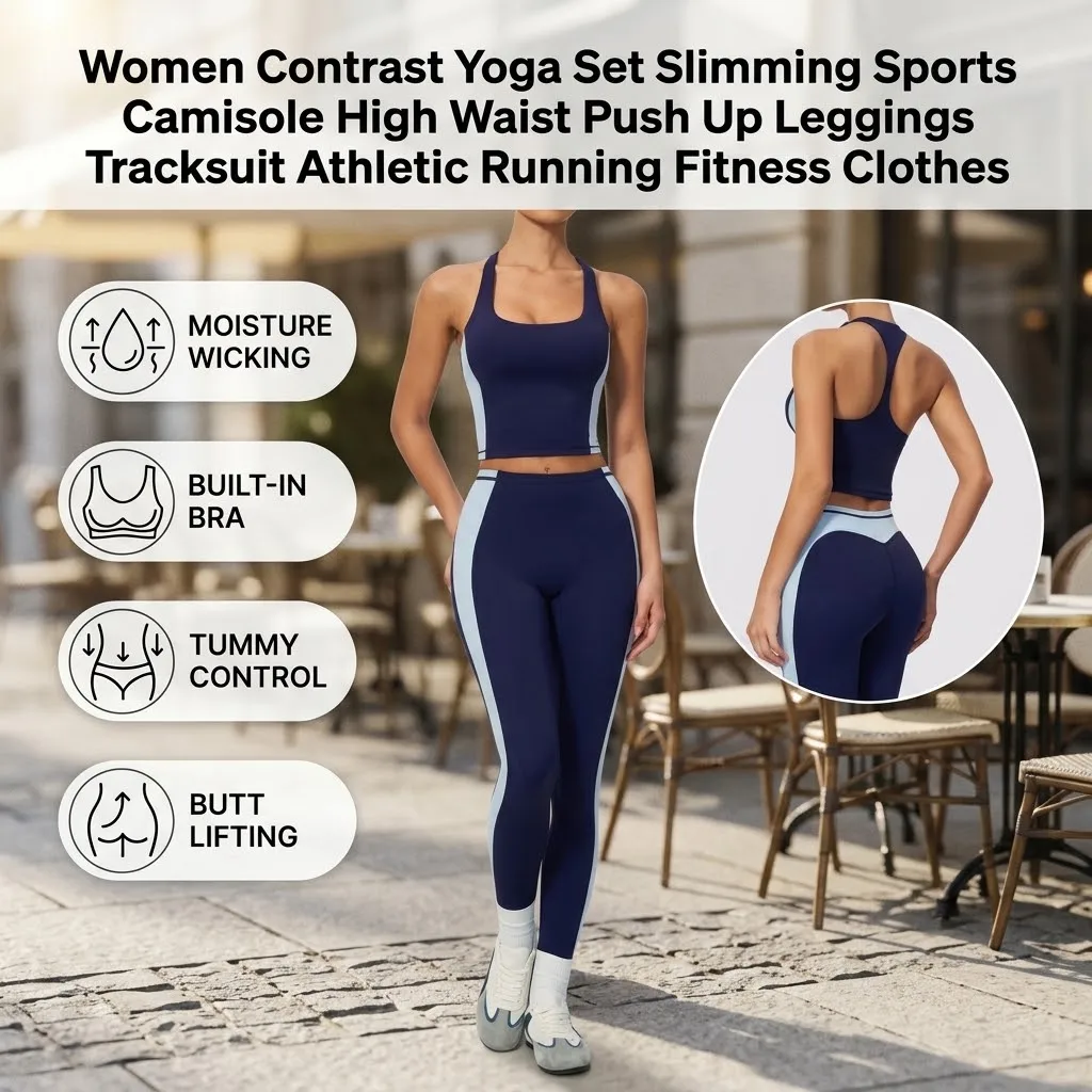 Women Contrast Yoga Set Slimming Sports Camisole High Waist Push Up Leggings Tracksuit Athletic Running Fitness Clothes
