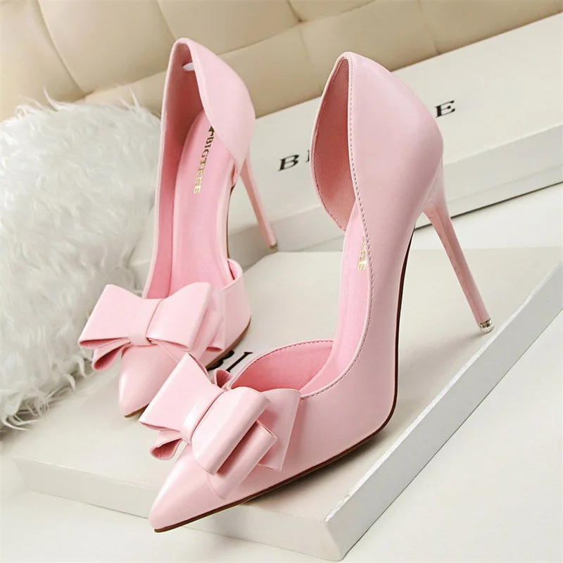 

Fashion Delicate Sweet Bow knot Thin High Heel Shoes Side Hollow Women Pumps Pointed Toe Shallow Mouth Dress Single Shoes