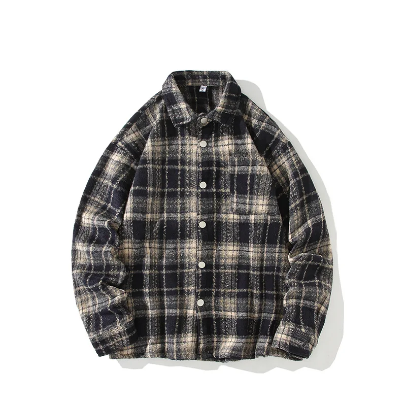 Autumn and Winter New American Vintage Men\'s Wool Shirt Long Sleeve Loose Plaid Shirt Jacket Couple Coat