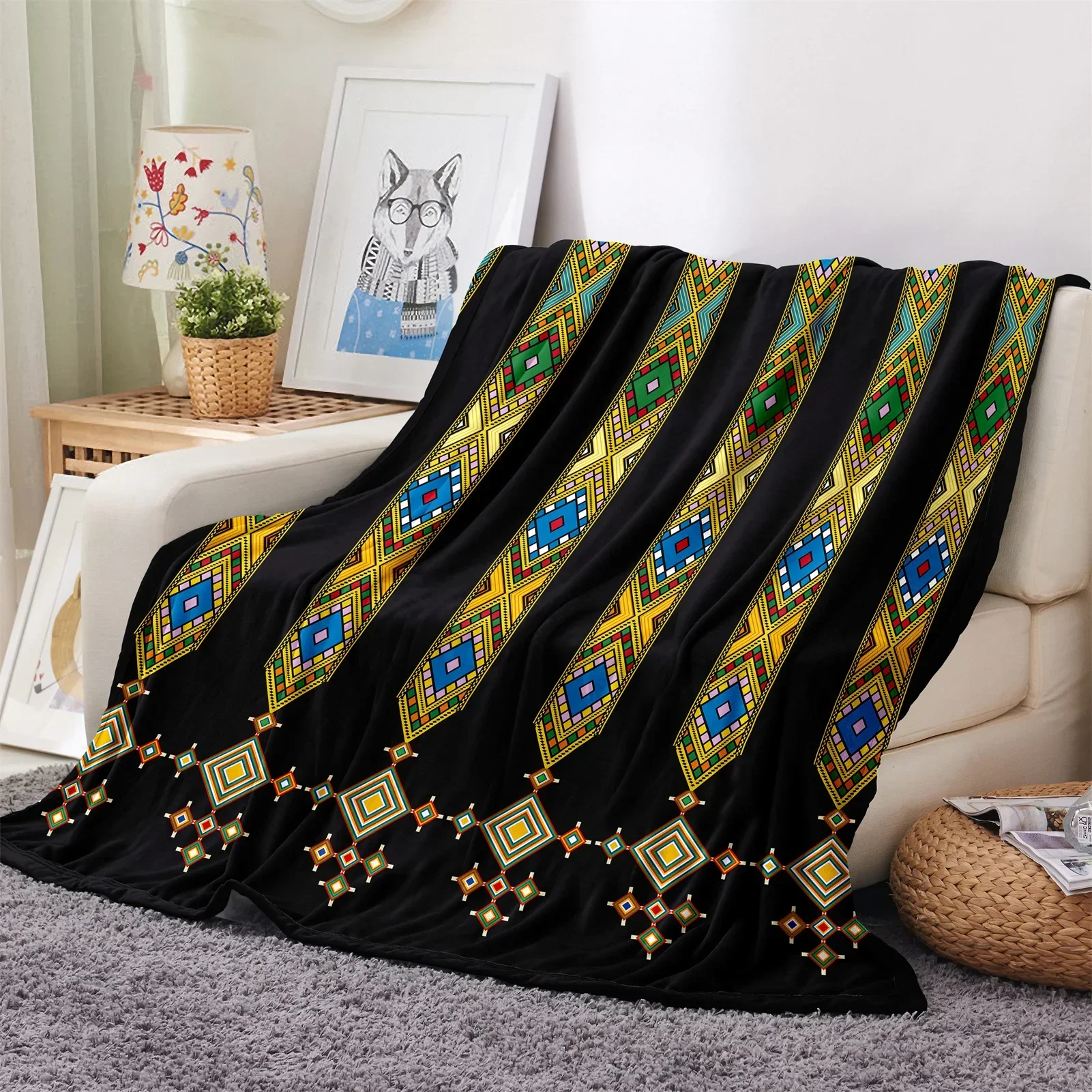 Modern Black Africa Ethiopian Empire Abyssinia Soft Warm Polyester Throw Flannel Blanket for Couch Bed Travel Cover Bedspread