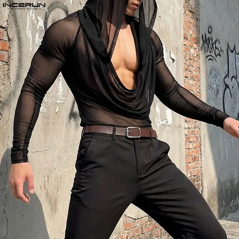 INCERUN Herren-T-Shirts, einfarbig, Netzstoff, durchsichtig, mit Kapuze, langärmelig, Camisetas, Streetwear, locker, sexy, Party-T-Shirt für Männer