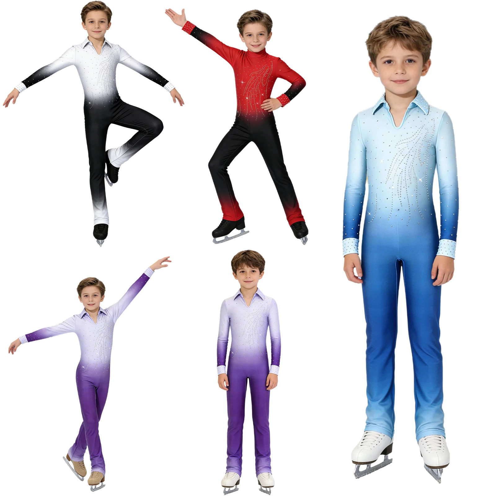 Macacão de Dança para Meninos com Brilhos e Strass, Manga Longa, Leotardo de Corpo Inteiro para Ginástica, Ballet, Jazz e Dança Latina