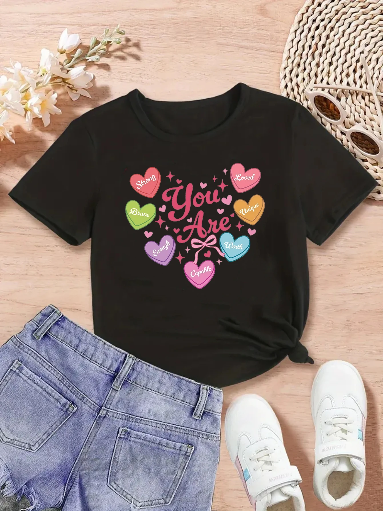 

You Are Loved Worth Strong Brave Enough Printed Tshirt Girls Bow Hearts Stars Valentine'S Day Gift T-Shirt Kawaii Kids Clothes