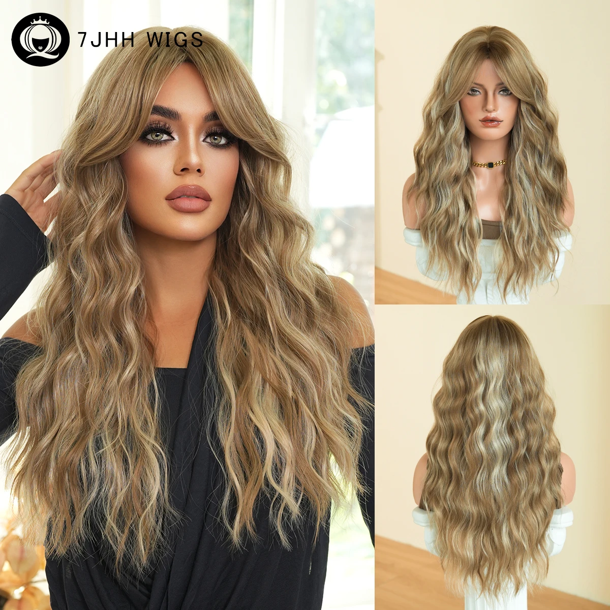 Long Water Wave Ash Blonde Wig for Women Modest Fashion Synthetic Middle Part Wear and Go Champagne Wigs with Curtain Bangs