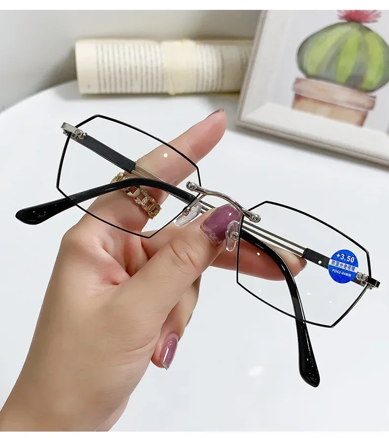 Randlose Lesebrille für Damen, Anti-Blaulicht-Schnittkante, mittleres Alter und ältere Menschen, modische Brillen für Herren – Detail 8
