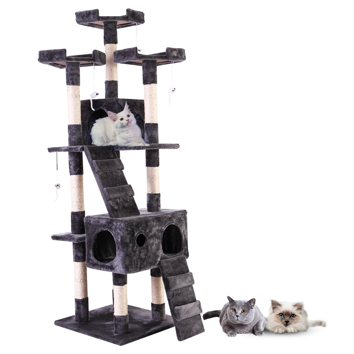 

67'' Multi-Level Cat Tree Tower, Kitten Condo House with Scratching Posts, Kitty Play Activity Center, Gray