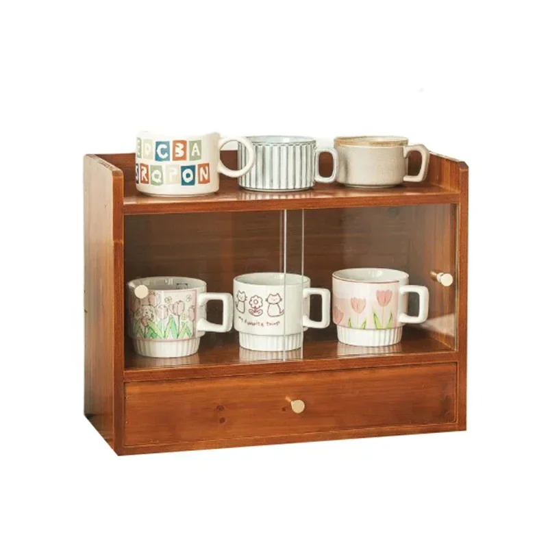 

Best Desktop Cosmetics Storage Box Retro Cup Tea Set Arrangement Display Cabinet Glass Sliding Door Dustproof Tableware Box