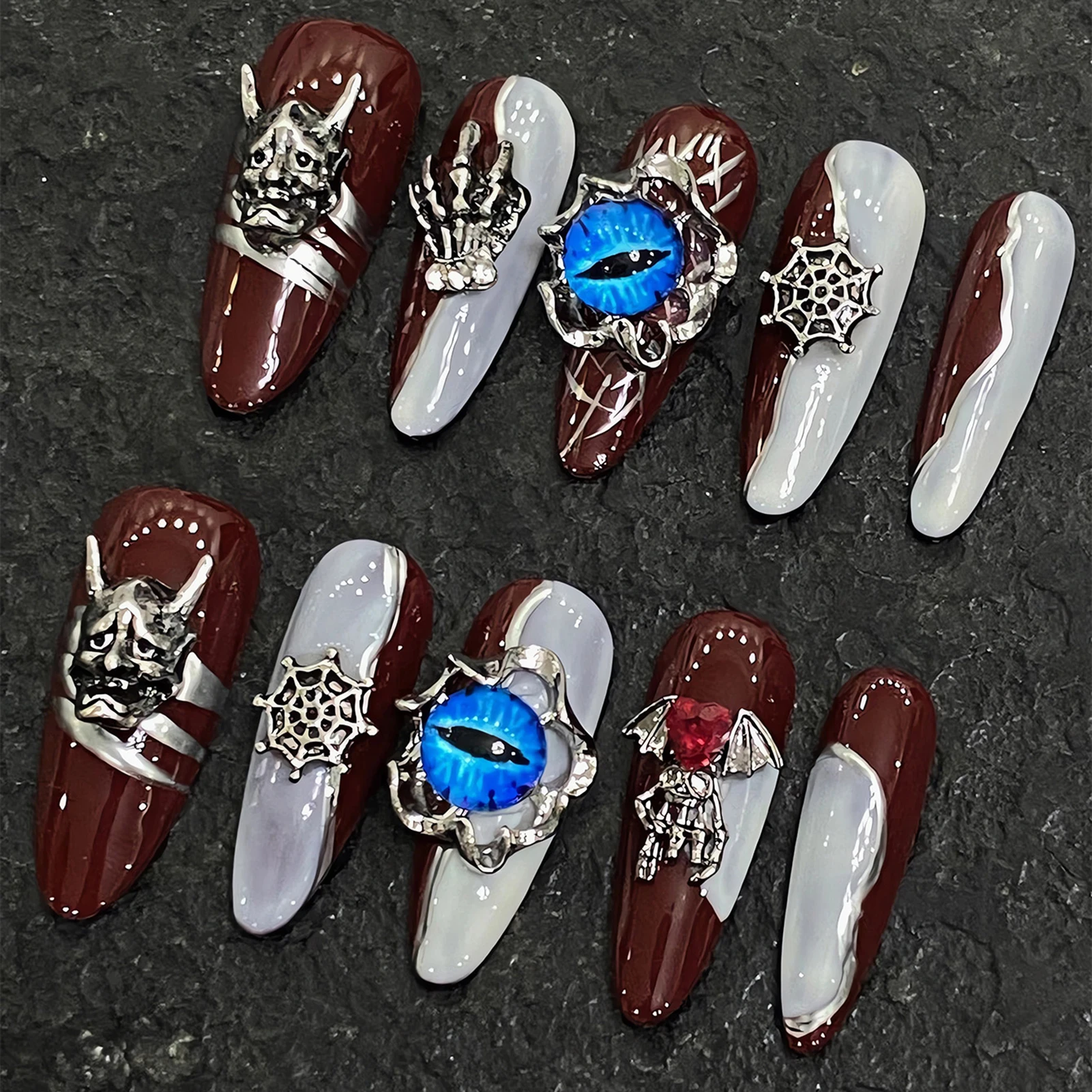 Handmade Punk Style False Nails Red White Metal Night Fork Press On Nail Blue Glossy Diamond Designs Fake Nail For Halloween