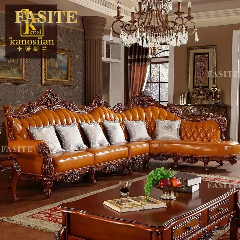 For European Style Solid Wood Leather Corner Sofa Set Antique Dark Finish Living Room Furniture Durable Comfortable Home