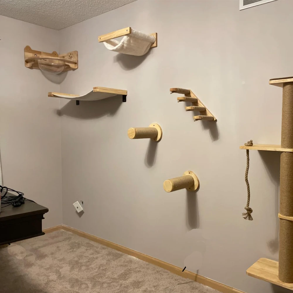 

Wooden Cat Climbing Shelves Wall Cat Bed and Scratching Post for Kitty Grinding Claws and Playing Sleeping Pet Indoor Furniture