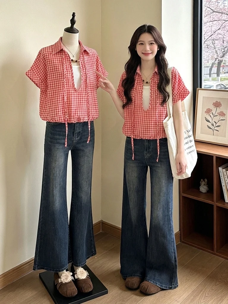 

Red Plaid Short Sleeve Shirt Women's Summer New Large Size Sweet And Salty Shoulder Borealis Two-Piece Style Commute Korean L...