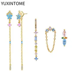 925 Sterling Silver Needle Blue Pink Crystal Stud Earrings For Women Fashion geometry Pendant Earrings Luxury Jewelry Gifts