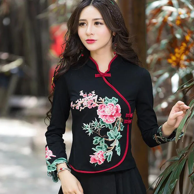 Cheongsam-Tops cortos de talla grande para mujer, camisa de mezcla de algodón con cuello alto bordado, estilo chino, Otoño, 2024