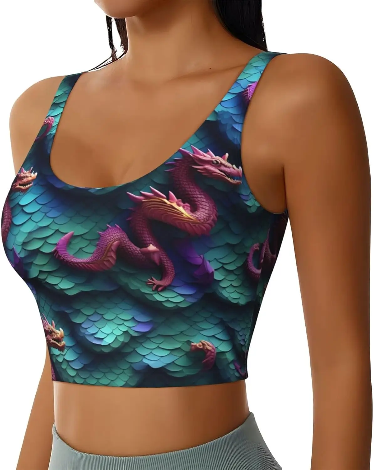 3D マジカルドラゴンスケールパターンプリント女性のワークアウトタンクトップレーサーバックノースリーブスポーツベストジムアスレチックヨガ用