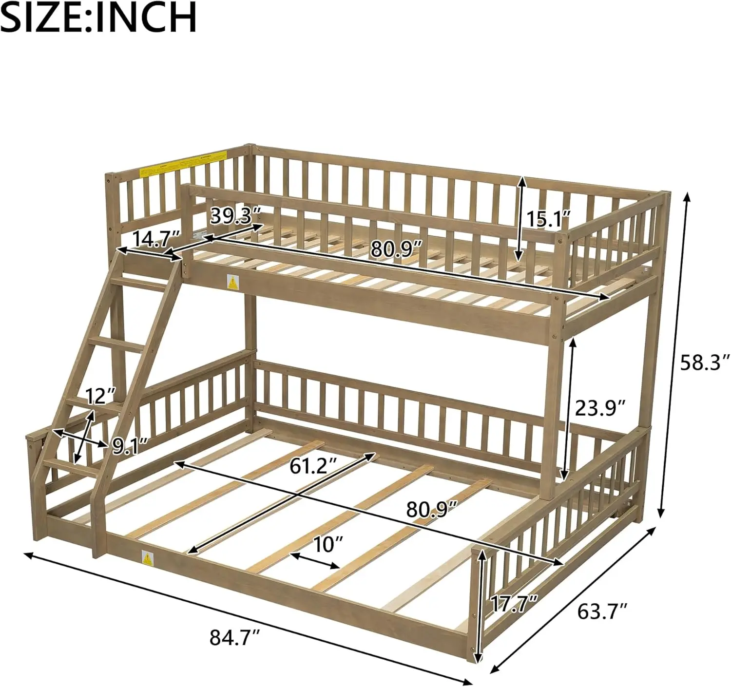 Wood Twin XL Over Queen Bunk Bed with Ladder and Guardrails,for Kids Teens Adults Bedroom Use (Walnut-1)