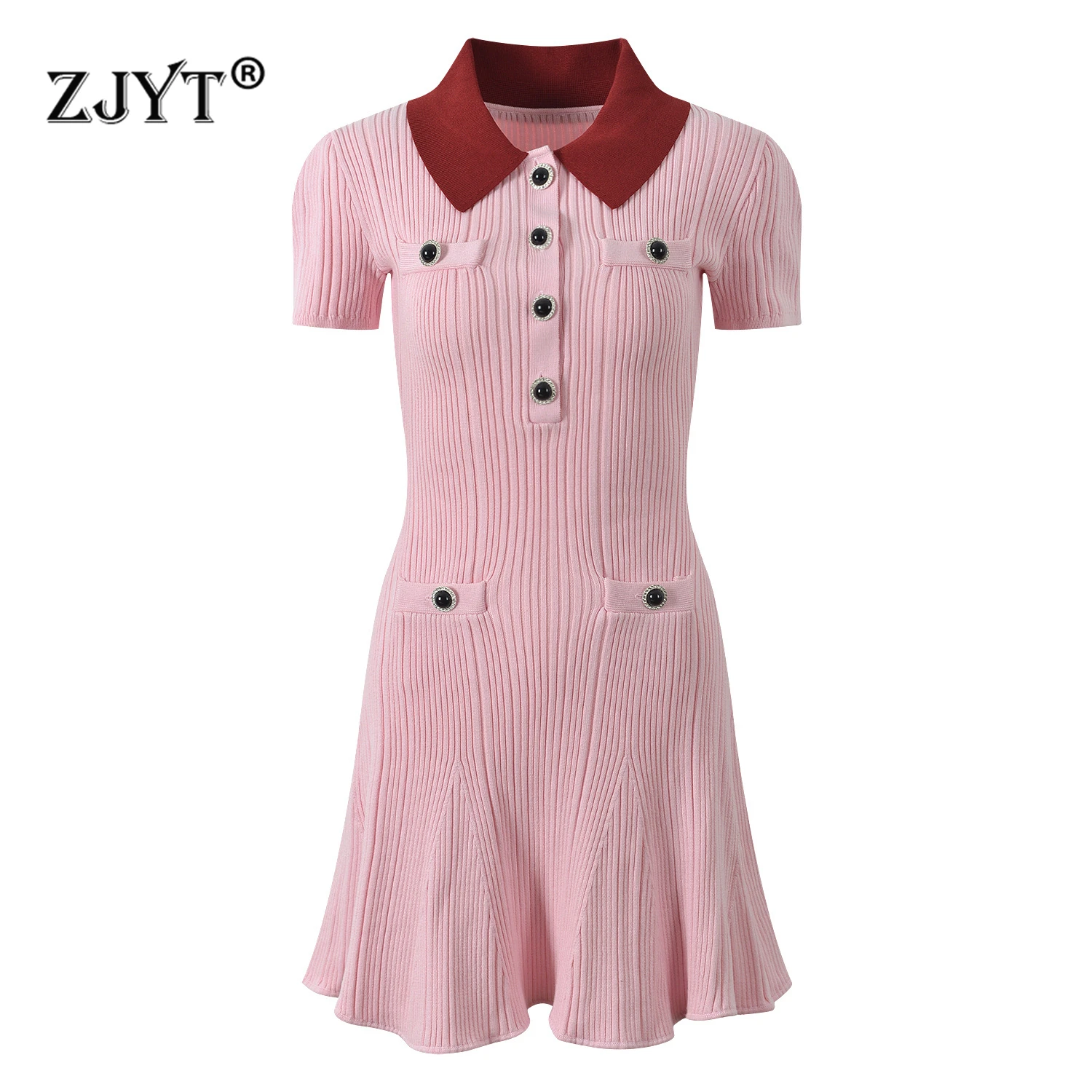 

ZJYT Autumn New Mini Knitting Dresses for Women 2025 New Short Sleeve Turn Down Collar Casual Daily Party Dress Pink Vestidos