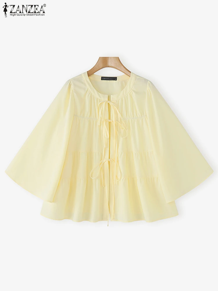 قمصان نسائية غير رسمية بأكمام مضيئة بلوزة برباط علوية برقبة دائرية سترة علوية 2025 ZANZEA بلون سادة بلوفر صيفي كبير الحجم