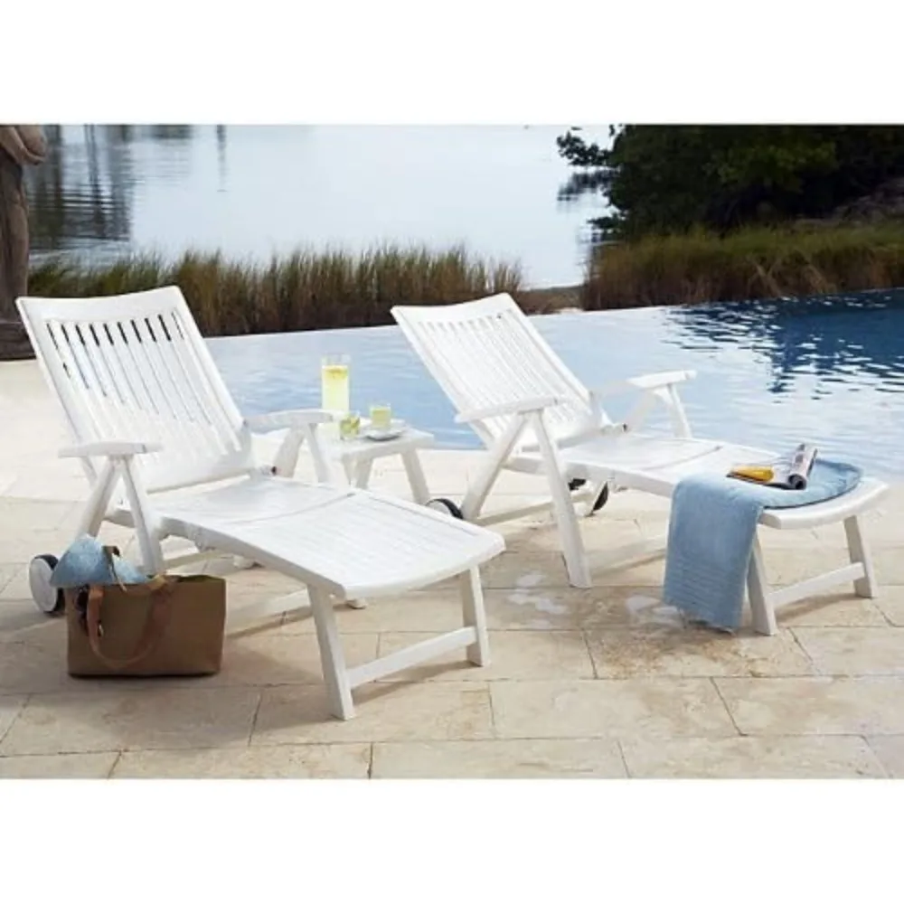 

Outdoor white resin folding lounge chair with rollers 73 inches deep x 28 inches wide x 39.5 inches high free shipping