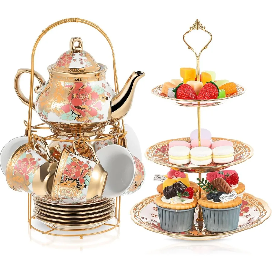 

21 Pcs Tea Party Set for Adults European Floral Tea Set with Metal Holder and 3 Tier Ceramic Cake Stand Porcelain Flower Cup Te