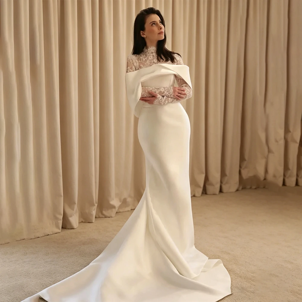 Elegant High Neck Weddings Dresses Long Sleeve Mermaid Bridal Gown Long Train Lace Satin Garden Ivory Bride Dress Customized