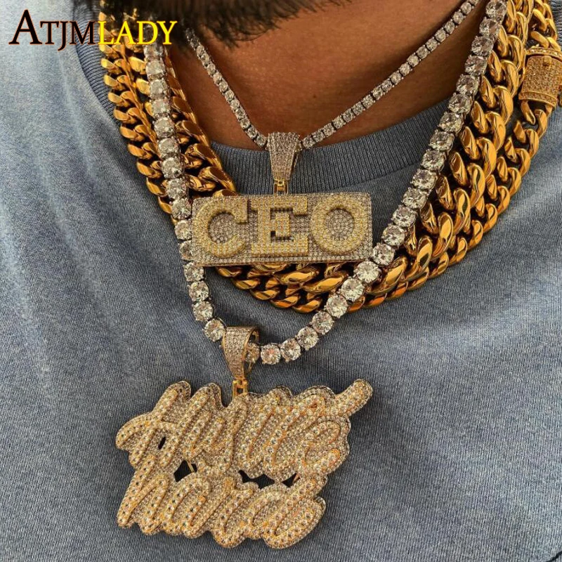 

Hip Hop Bling 5A Cubic Zircon Full Paved Iced Out Cursive Letters Hustle Hard Pendant Necklace For Men Twist Rope Chain Jewelry