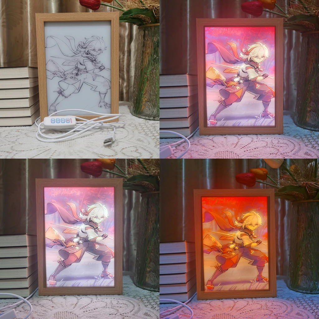 Genshin Impacto Anime 3D LED Photo Frame Lâmpada, Hu Tao, Arte Kazuha, Design de Pintura, Luz Noturna, Decoração de Casa, Presente do quarto do miúdo