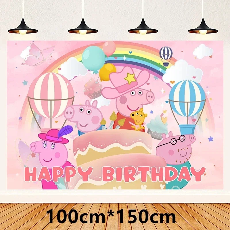 Peppaed Pig Balloons Hapoy Birthday Banner Party Supplies Cartoon George Page Paper Plates Disposable Tableware Decor Background