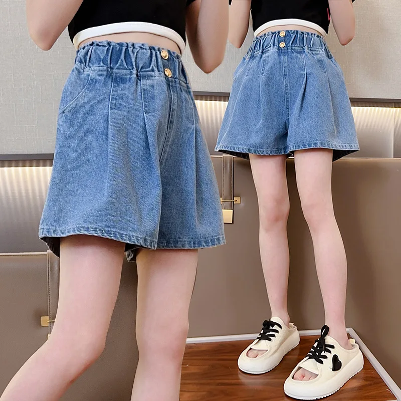 Big Girls Denim Blue Color Short Jeans Kids Elastic Waist Shorts Pants Teenager Summer Casual Short Pants 5 7 8 9 11 12 14 Years