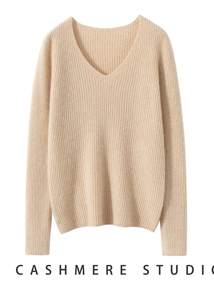 

TLOML Early Spring Women‘s 100% Cashmere Sweater V-neck Basic Solid Pullove Long Sleeve Cashmere Knitwear Soft Slim Comfy Tops