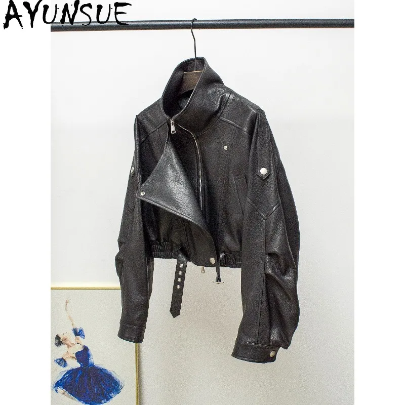 AYUNSUE Real Leather Jackets for Woman Short Motorcycle Black Jacket Woman Fashion Loose Long Sleeve Tops Woman Clothes Jaqueta