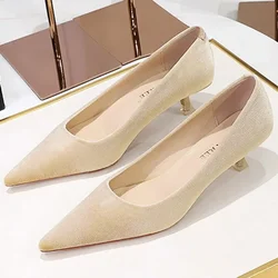 Women 4.5cm High Heels Versatile Apricot Pink Party Pumps Lady Fashion Pointed Toe High Heels Female Concise Velvet Daily Shoes