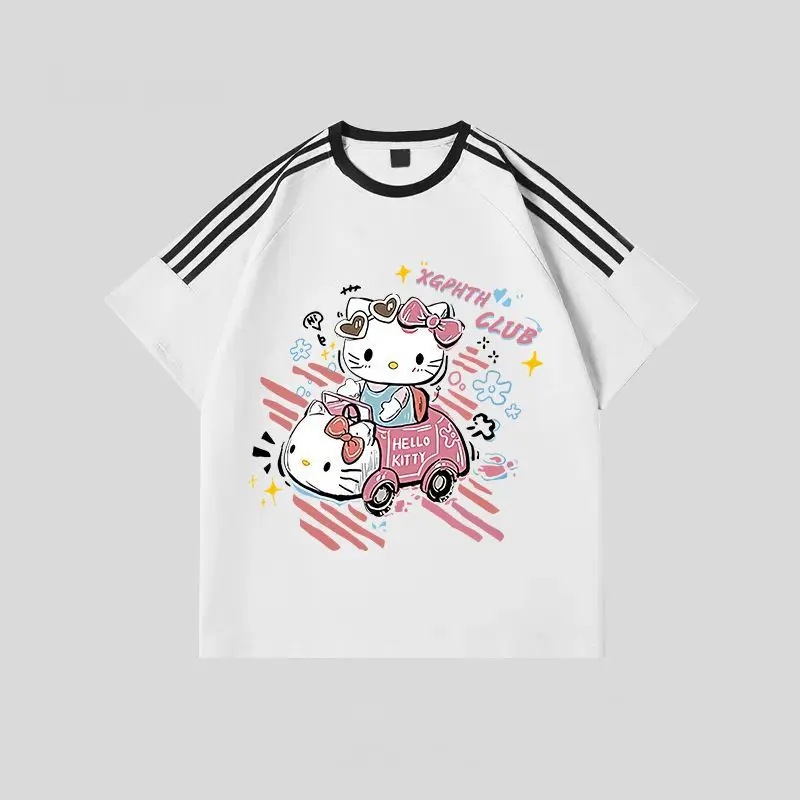 2024 Hello Kitty Sanrio T-shirt Kawaii Cartoon Print Cotton Tops O-neck Oversized Shirts Streetwear Splicing Top Women Clothing