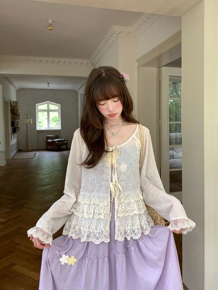 

Lace Trim Loose Fit round Ne Open Cardigan Summer Peach Color Women's irt Cheese Day Sweet Lazy Floral Design