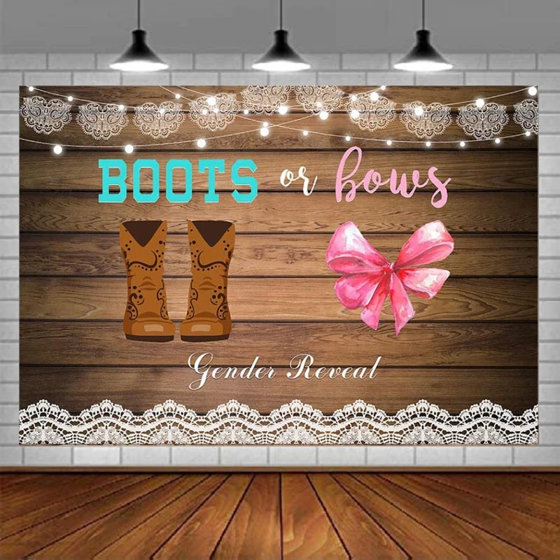 Boots Or Bows Gender Reveal Photography Backdrop Girl Or Boy Baby Shower Background Rustic Wooden Cowboy Boots Lace Party Decor