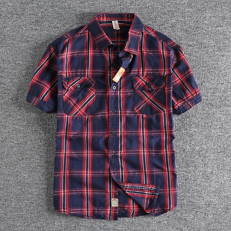 Classic Vintage Plaid Shirt for Men with Dual Pockets, Retro and Trendy Design, Washed Cotton Streetwear from the West Coast