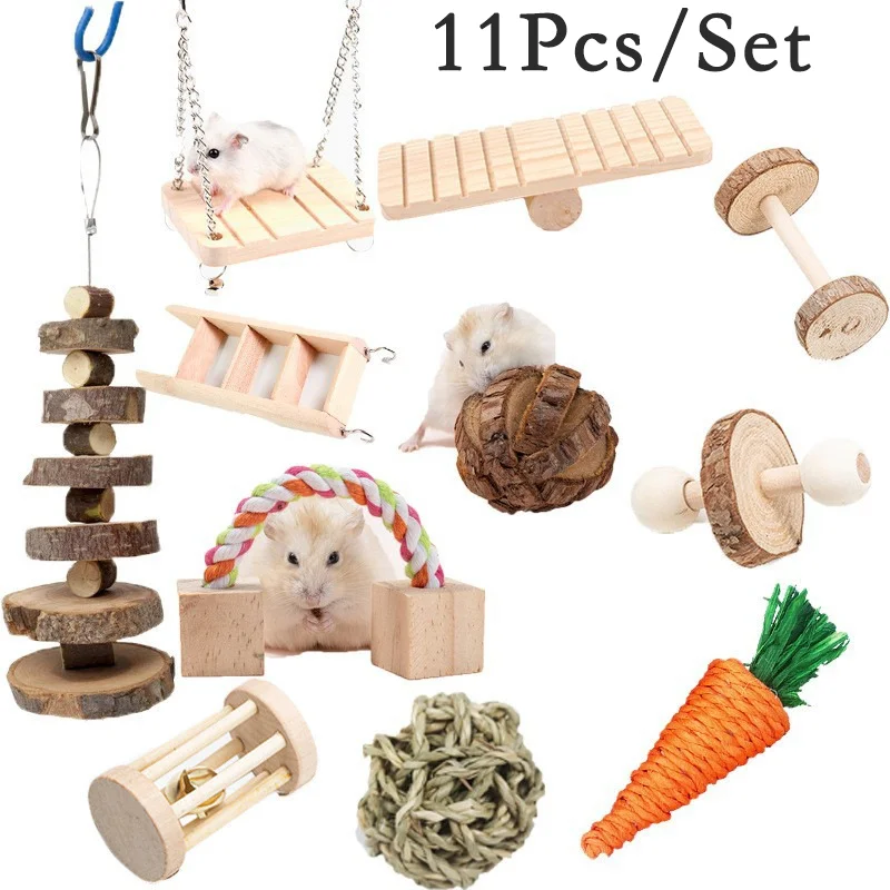 

12Pcs/Set Pet Hamster Natural Wooden Chewing Toys Small Pet Molars Supplies Hamster Rabbit Dutch Pig Parrot Play Teething Kit