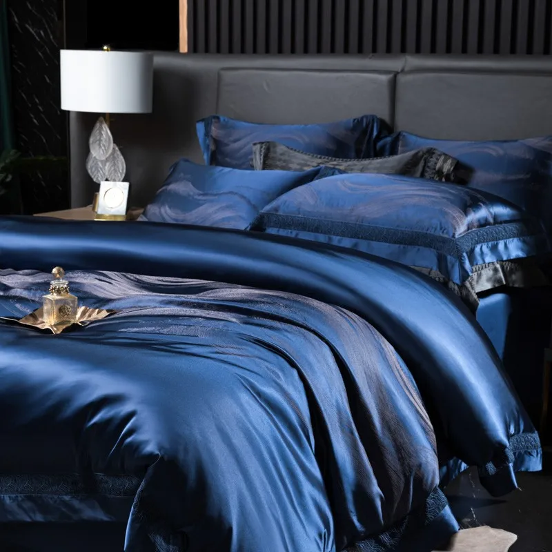 Imagem -06 - Conjunto de Cama Azul Luxo Silky Satin Duvet Cover Double Queen King Pcs Soft Satin Algodão Egípcio Cama Folha Fronhas